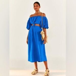 Farm Rio Blue Knot Midi Off Shoulder Dress